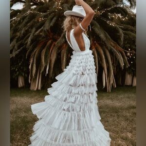 Pearl Embellishment Bohemian Wedding Gown, Romantic Western Elopement Dress